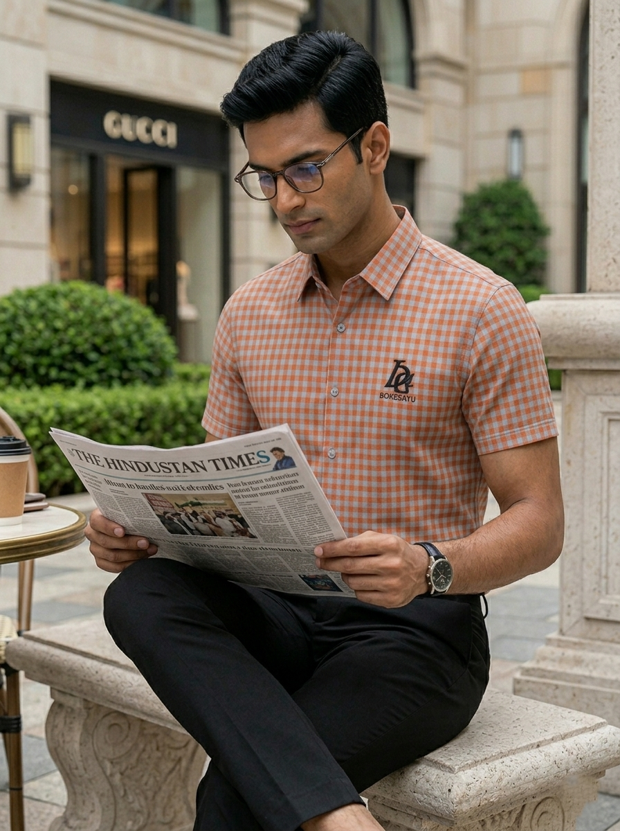 Man reading a newspaper in an urban setting with a Gucci store in the background