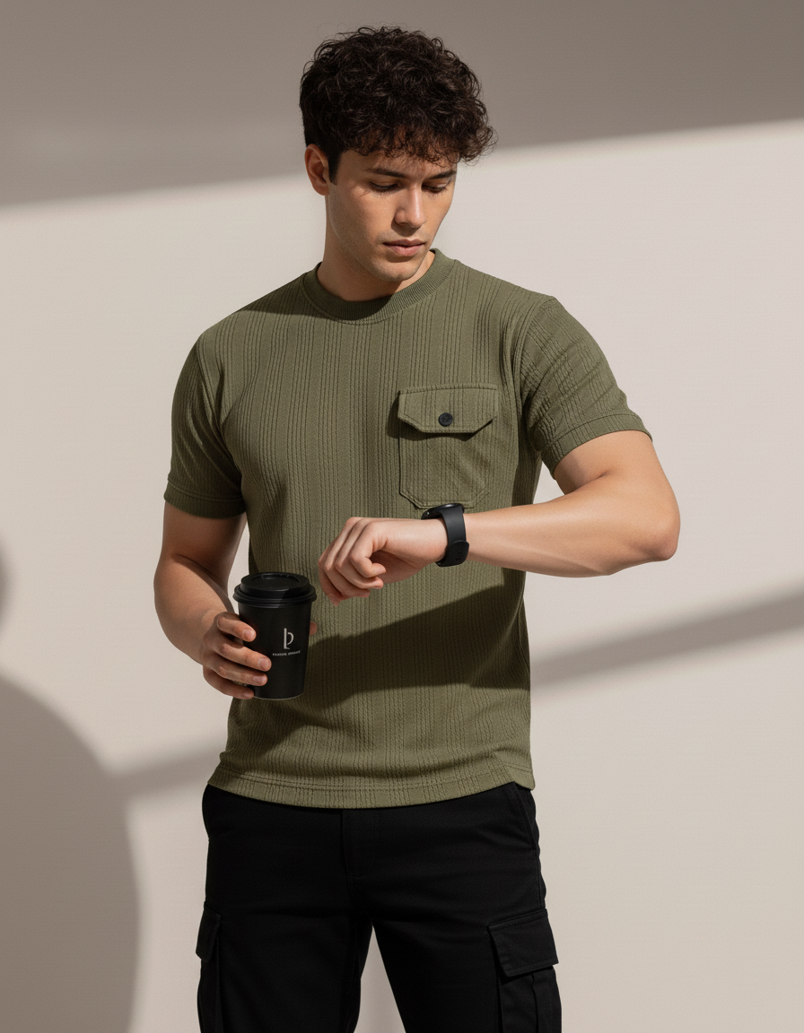 Man wearing a green t-shirt holding a black cup against a neutral background