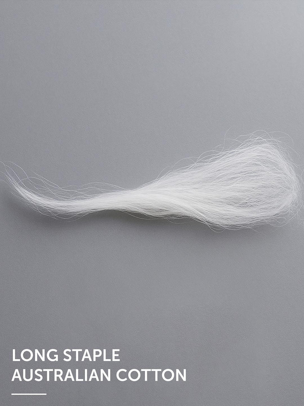 White cotton fiber on a gray background with text 'Long Staple Australian Cotton'.