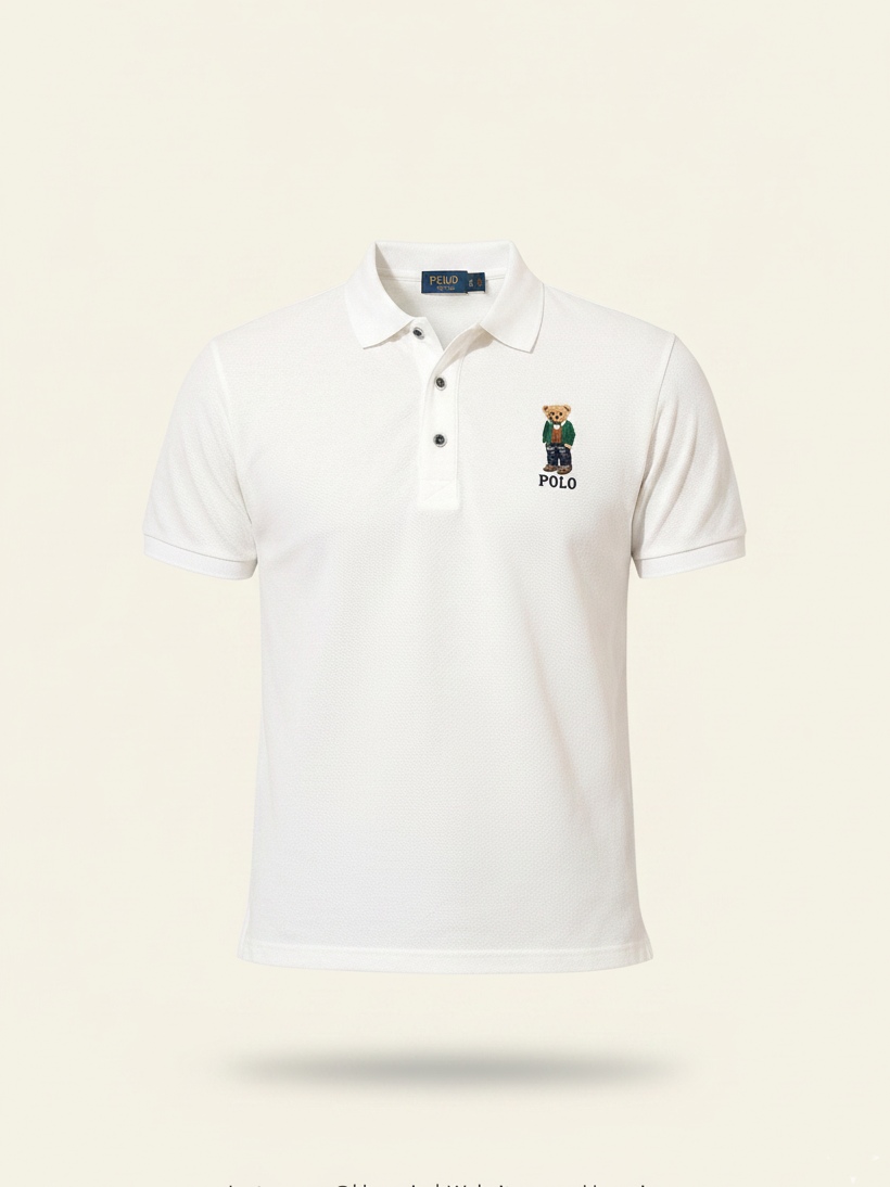 White polo shirt with a brand logo on a light beige background