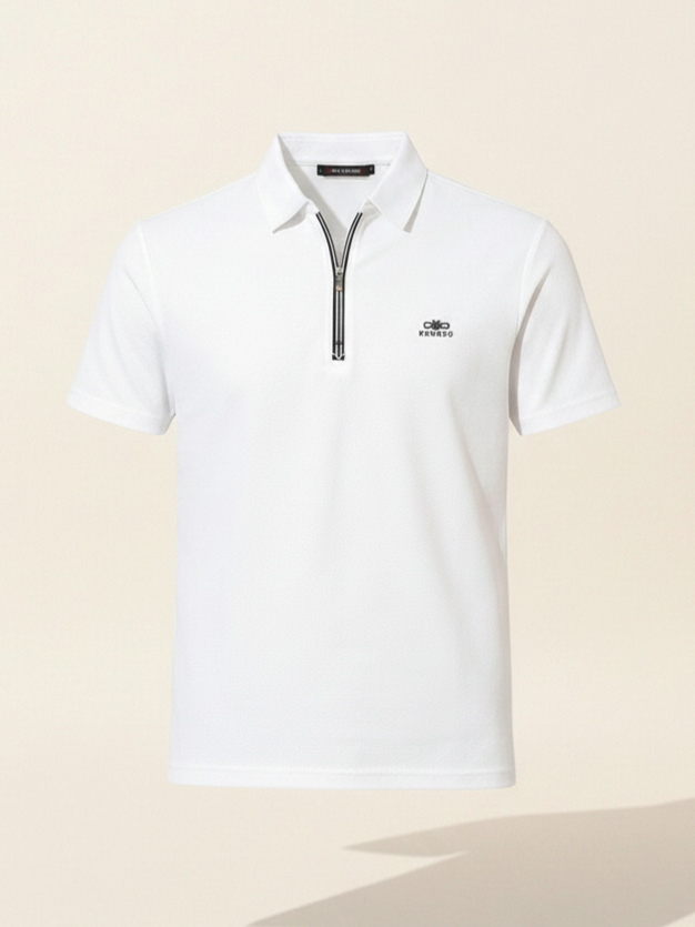 White polo shirt with a brand logo on a beige background