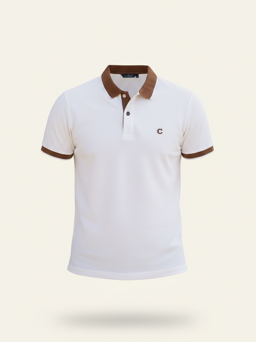 White polo shirt with brown accents on a beige background