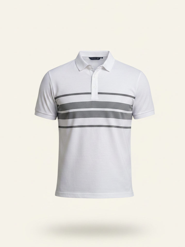 White polo shirt with gray stripes on a light beige background