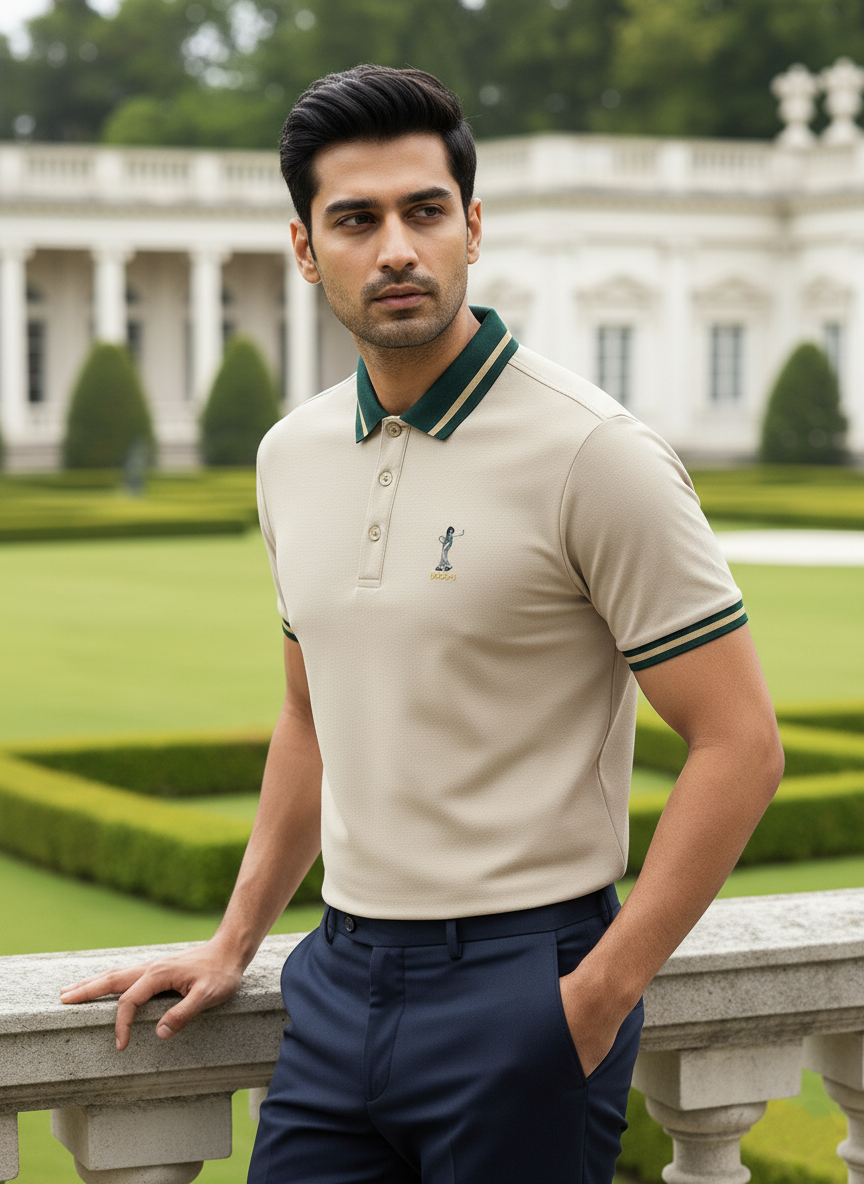 Man wearing a beige polo shirt with green accents in an outdoor setting