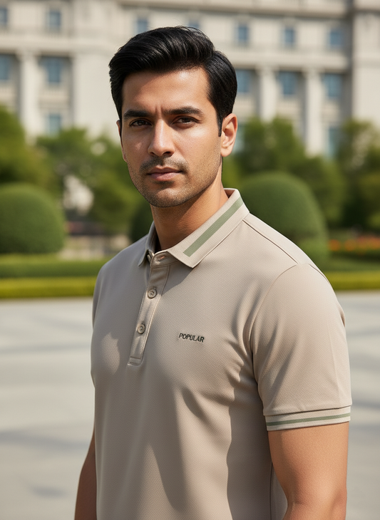 Man wearing a beige polo shirt with a blurred background of greenery and a building.