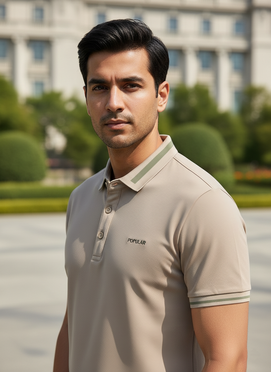 Man wearing a beige polo shirt with a blurred background of greenery and a building.