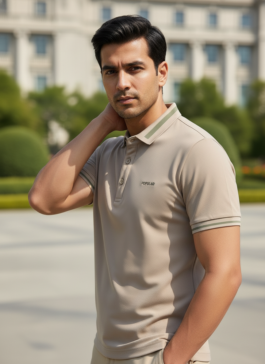 Man wearing a beige polo shirt with a blurred building and greenery in the background