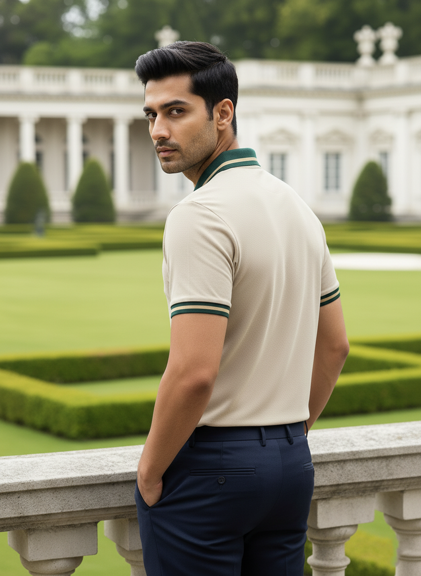 Man in a beige polo shirt with green accents standing in a formal garden.