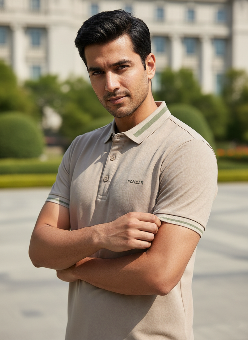 Man wearing a beige polo shirt with a blurred background