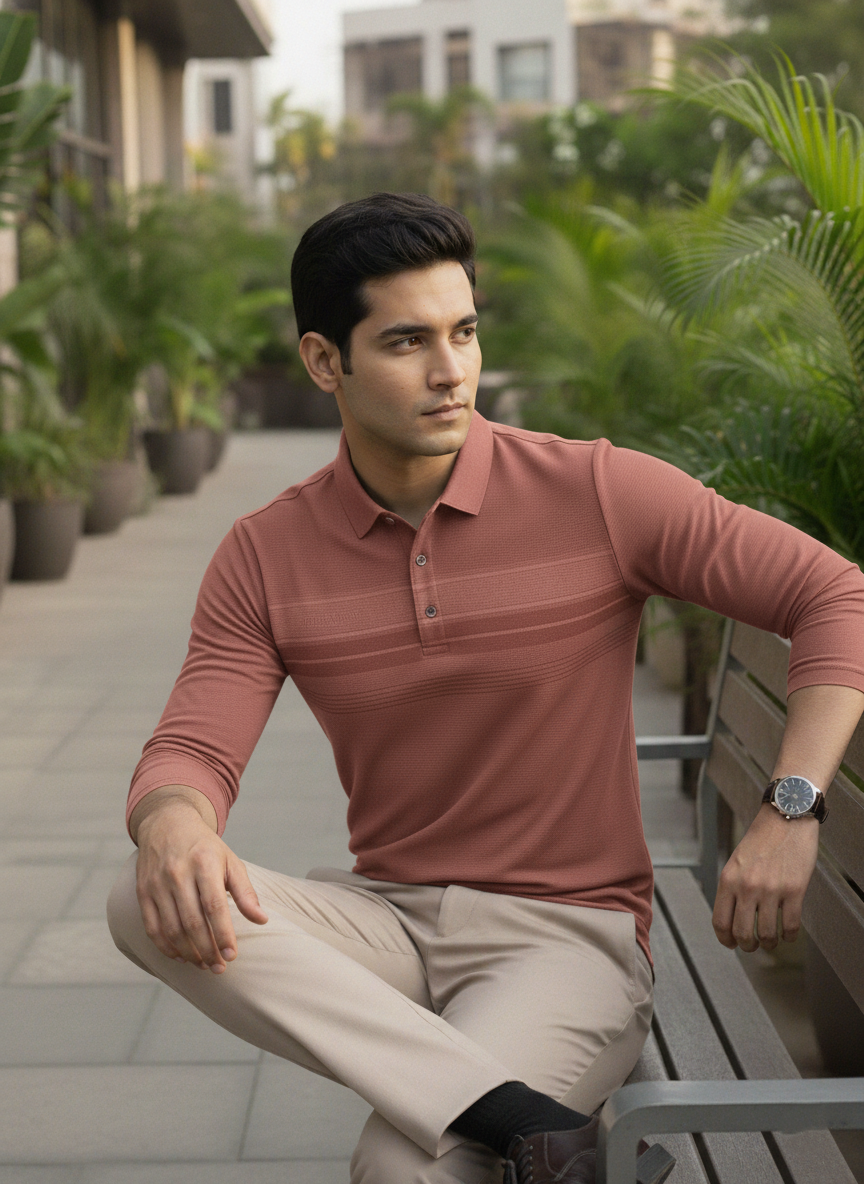 Man sitting on a bench outdoors with greenery and buildings in the background