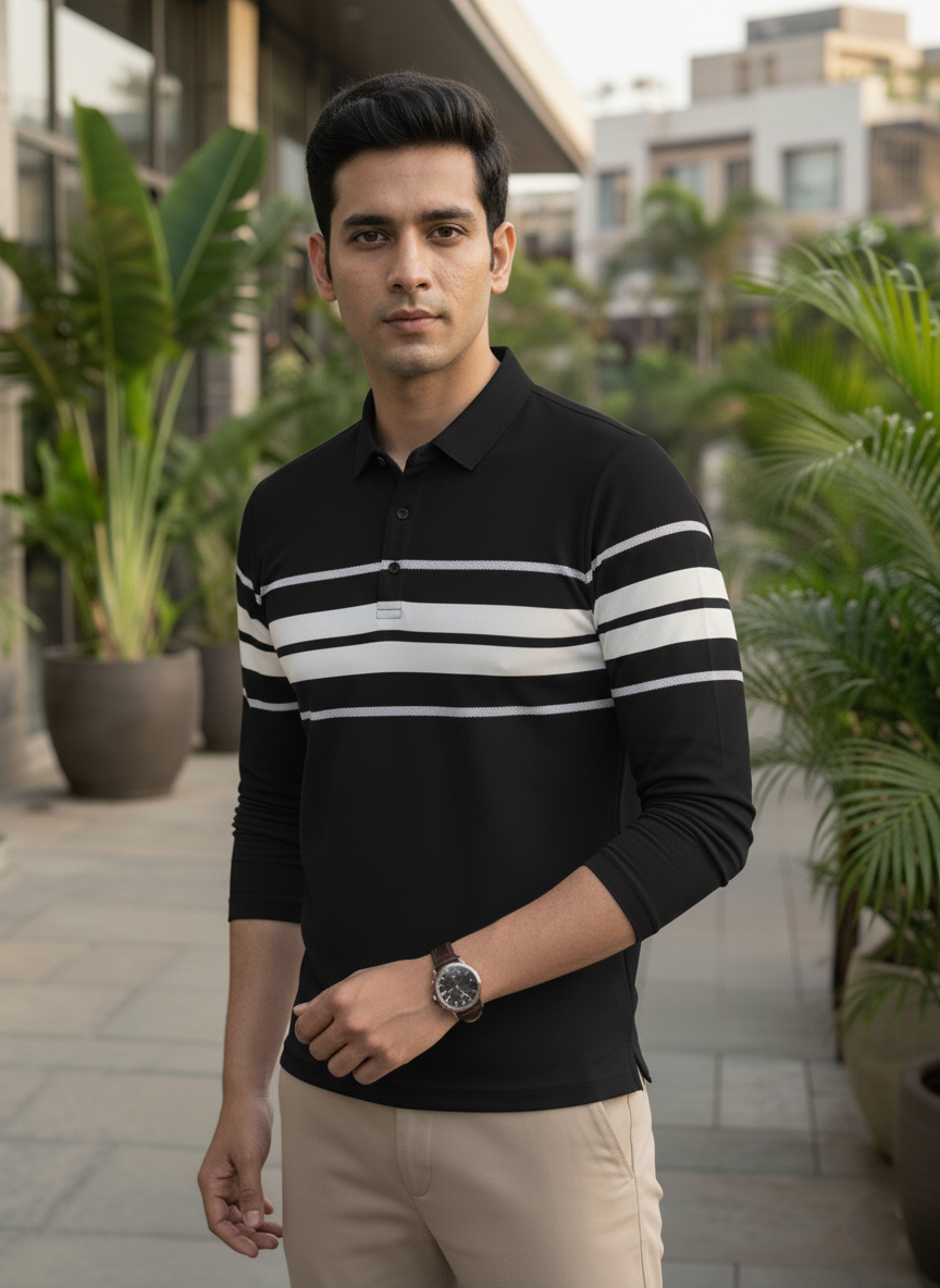 Man wearing a black and white striped shirt standing outdoors with plants and buildings in the background