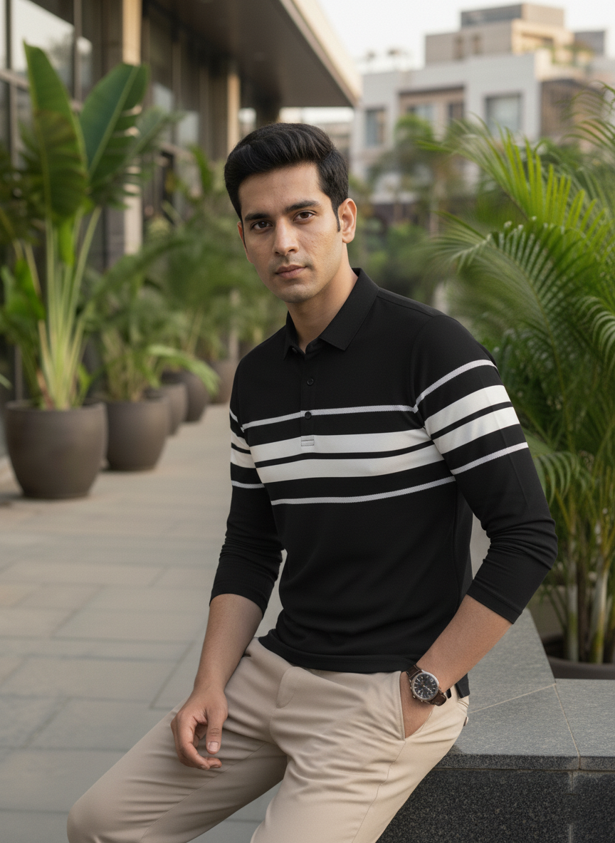 Man wearing a black and white striped shirt with plants and buildings in the background