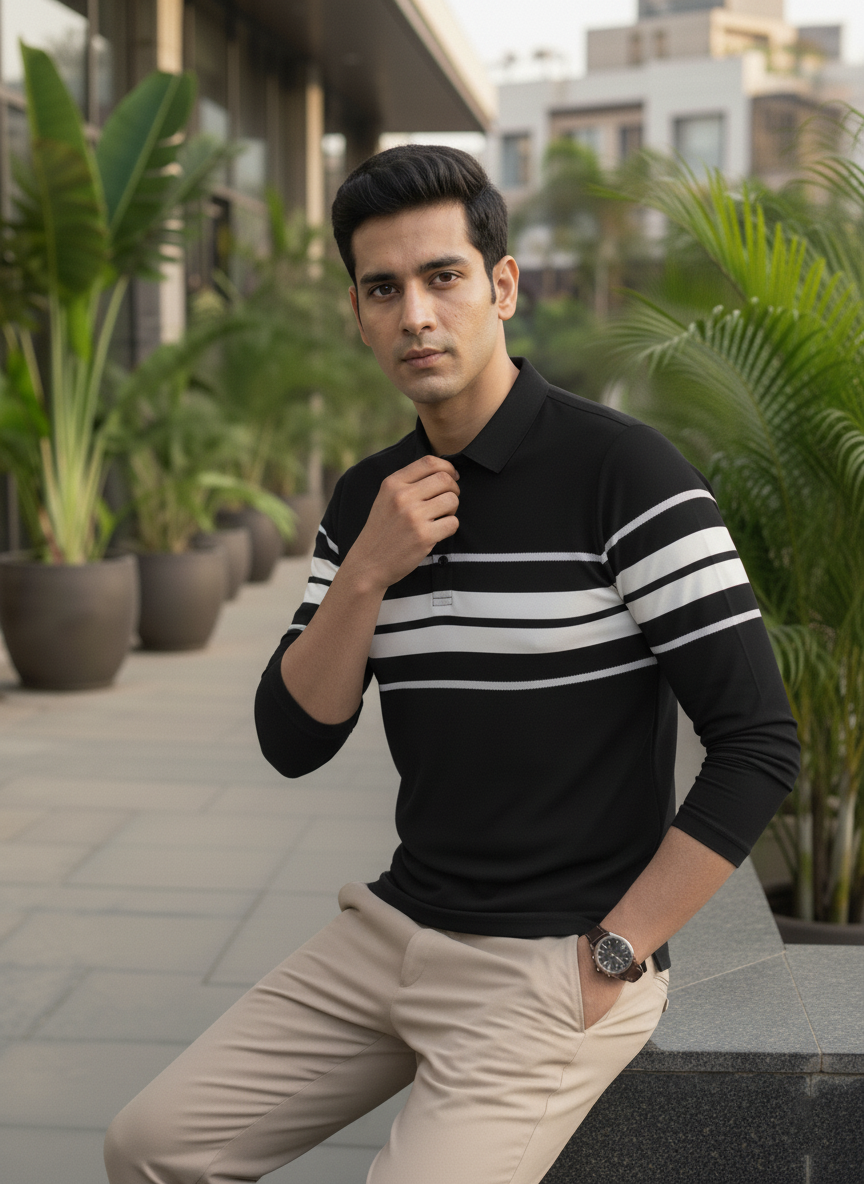 Man wearing a black and white striped tshirt with plants and buildings in the background