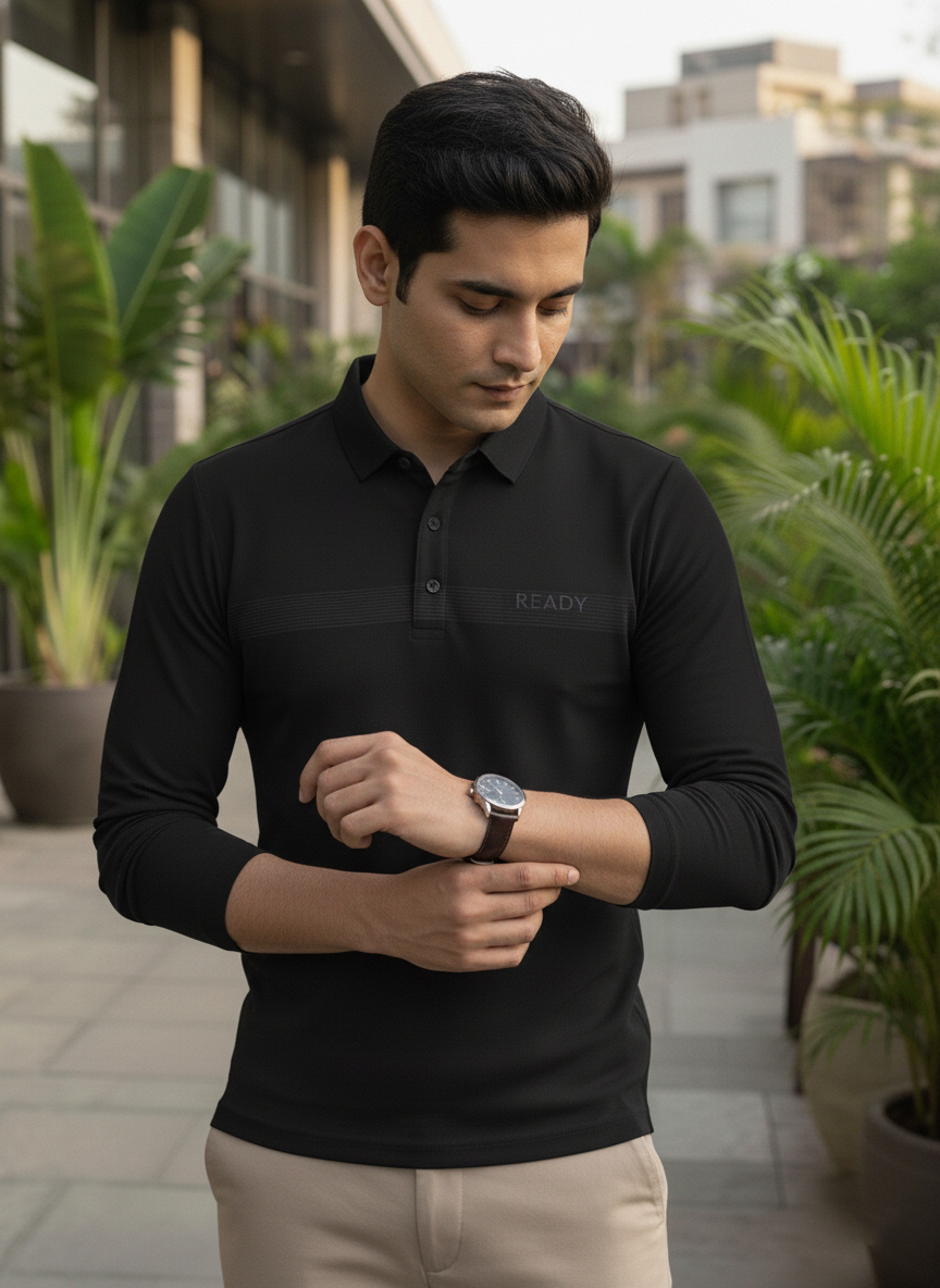 Man wearing a black long-sleeve polo shirt with 'READY' branding, standing outdoors.