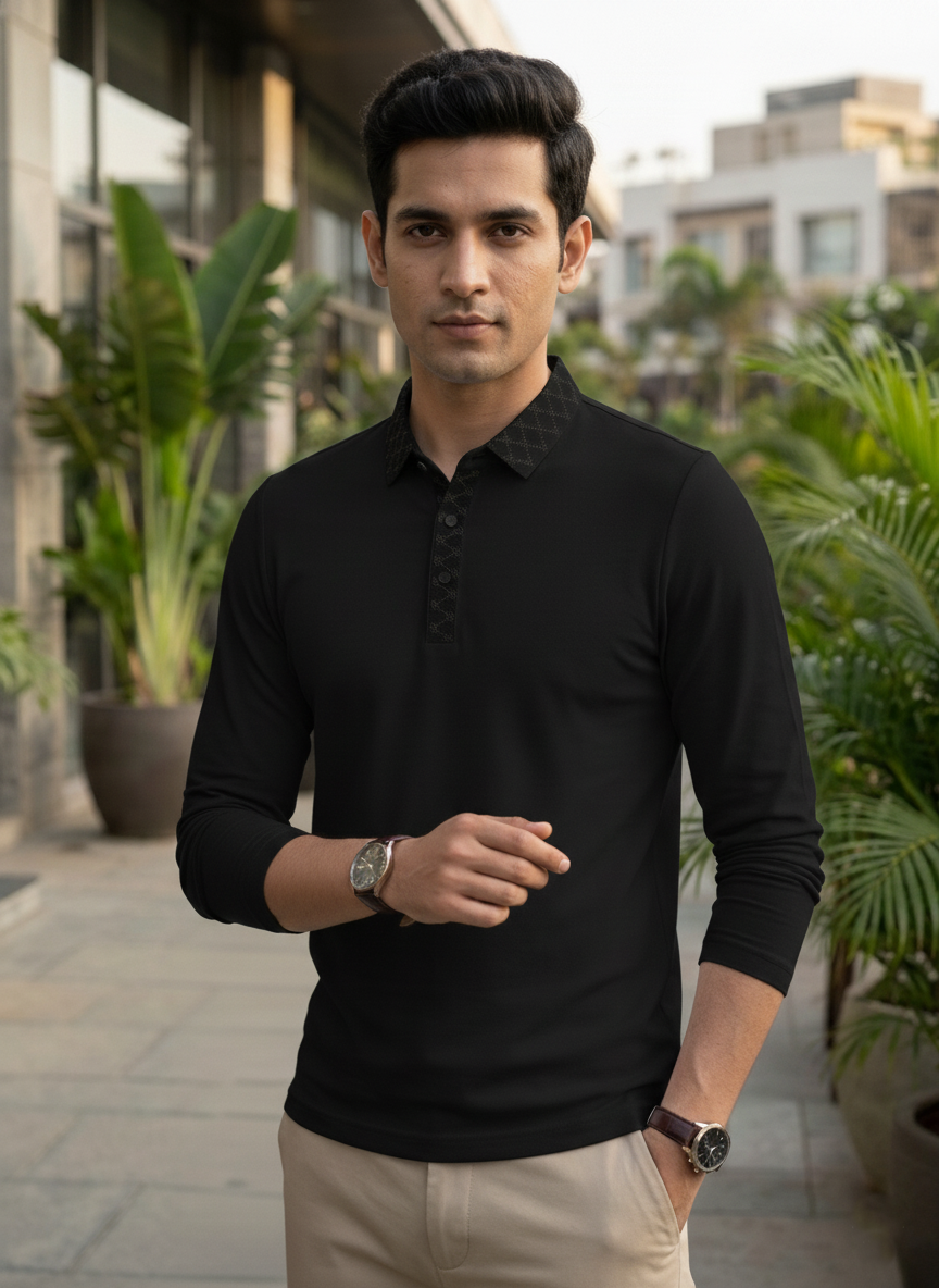 Man wearing a black long-sleeve shirt standing outdoors with plants and buildings in the background