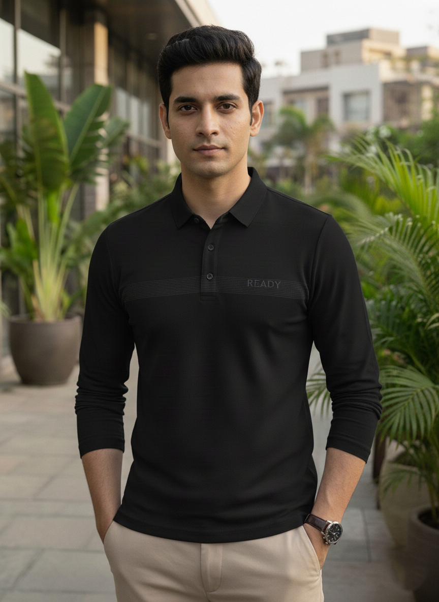 Man wearing a black long-sleeve shirt with 'HEAVY' branding outdoors.