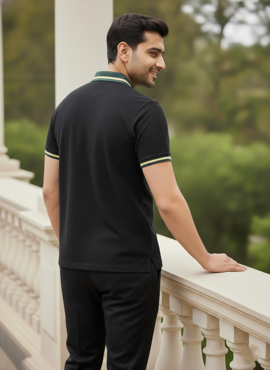 Man wearing a black polo shirt with green and white trim, standing on a balcony with greenery in the background.