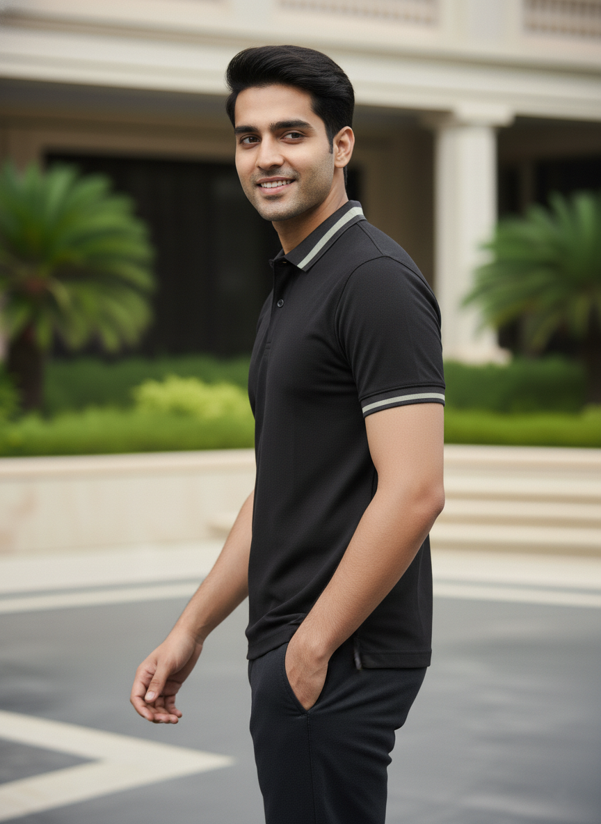 Man wearing a black polo shirt with white trim in an outdoor setting