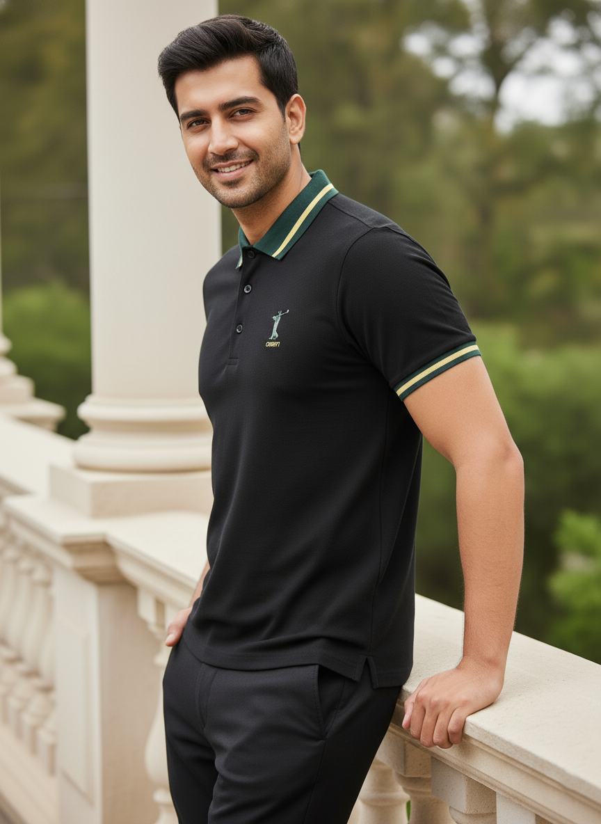 Man wearing a black polo shirt with a logo, standing outdoors.