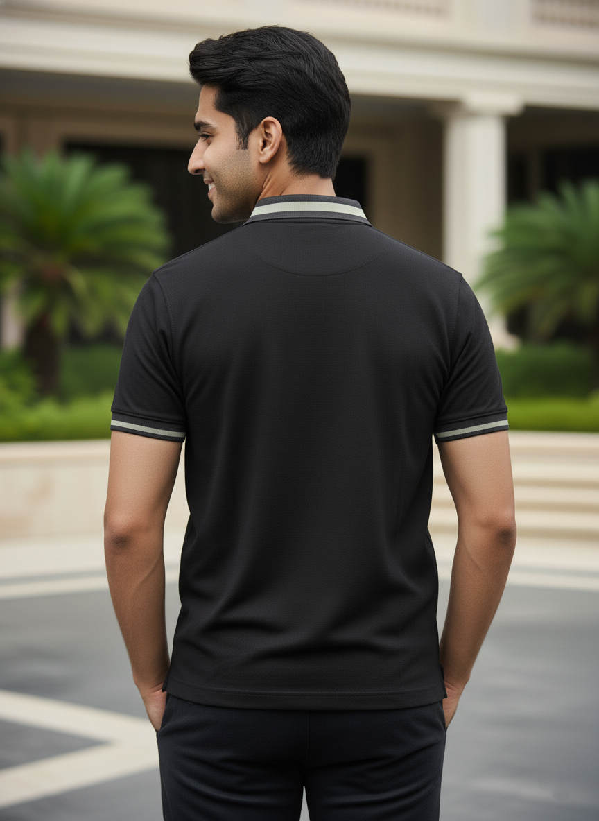 Man wearing a black polo shirt with white trim outdoors