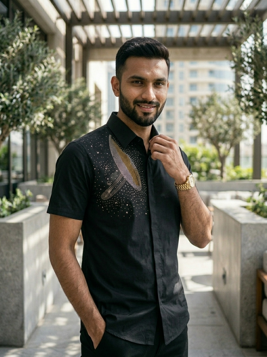 Man wearing a black shirt with decorative elements in an outdoor setting