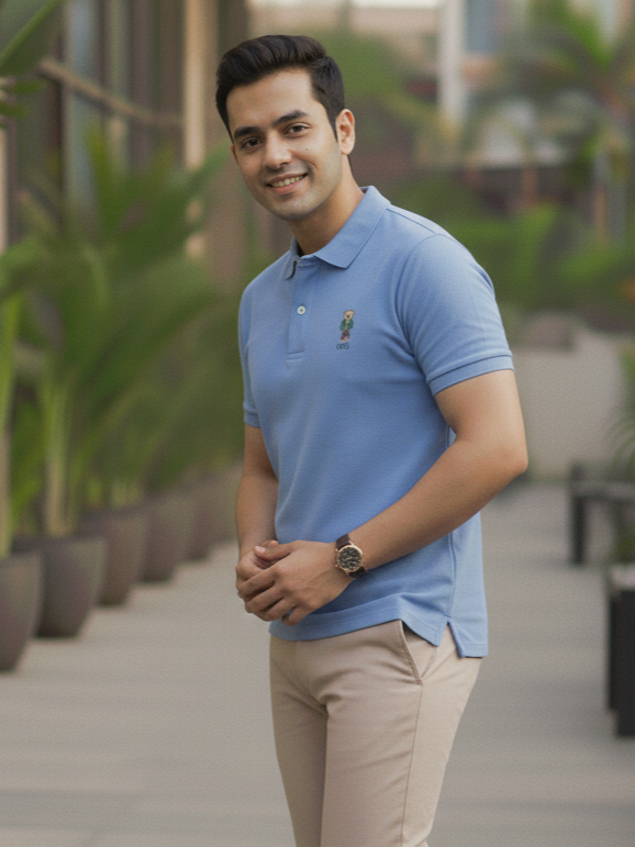 Man wearing a blue polo shirt and beige pants standing outdoors with greenery in the background