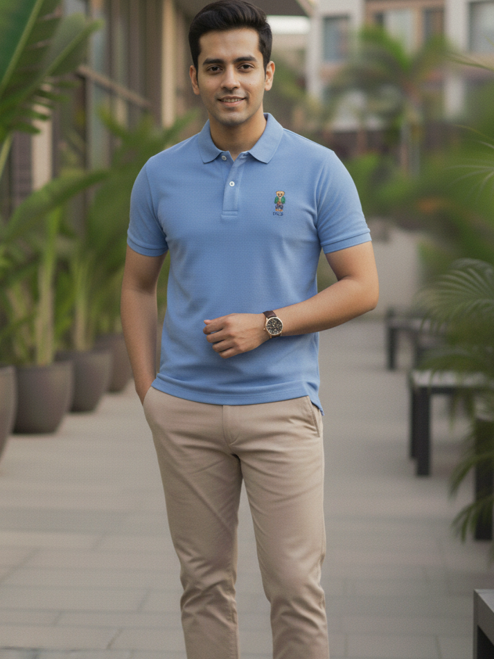 Man wearing a blue polo shirt with a logo and beige pants standing outdoors.