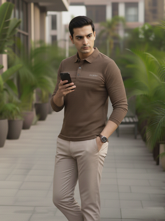Man in a brown shirt and beige pants holding a phone outdoors with plants in the background