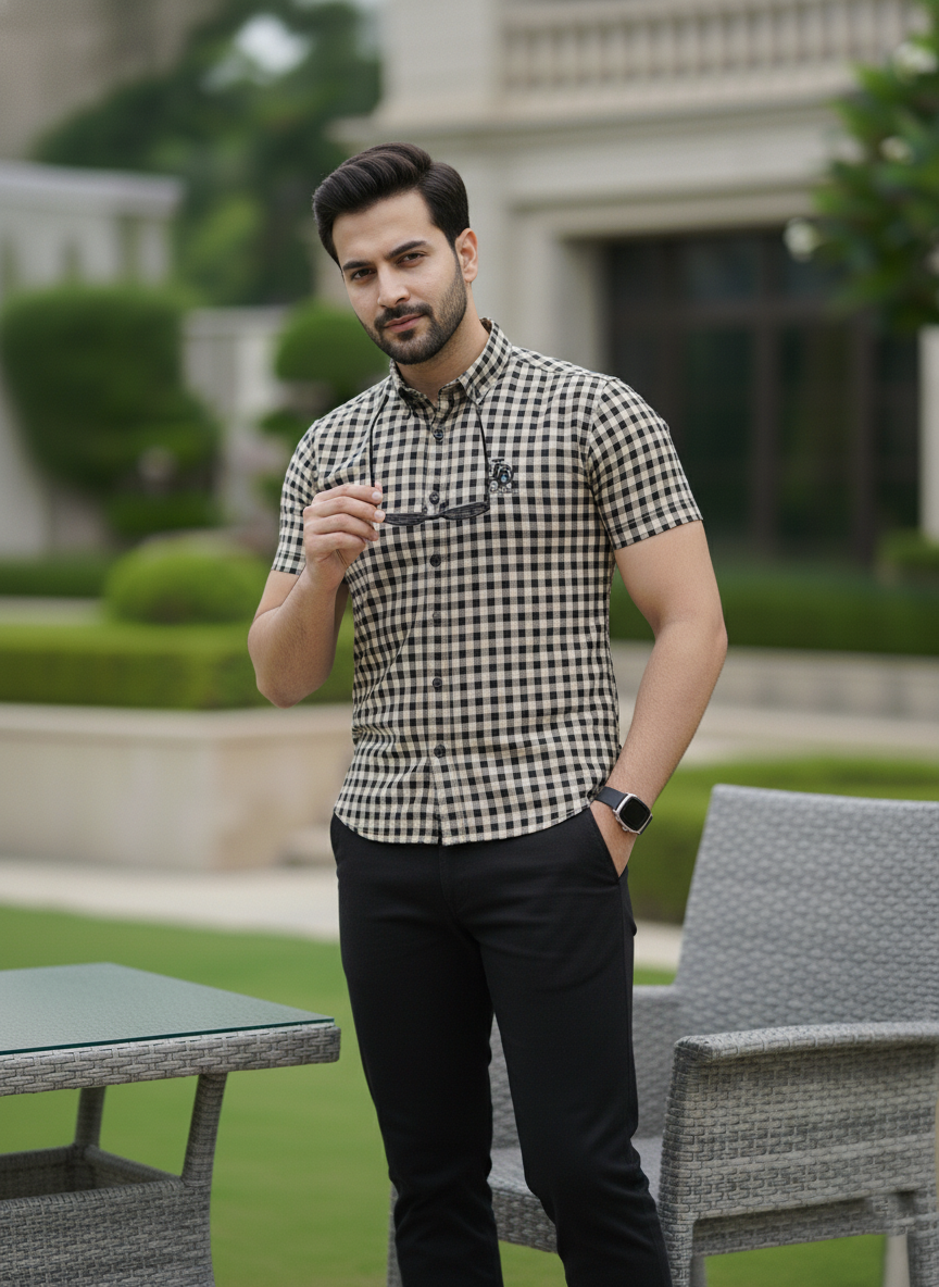 Man wearing a checkered shirt and black pants standing outdoors.