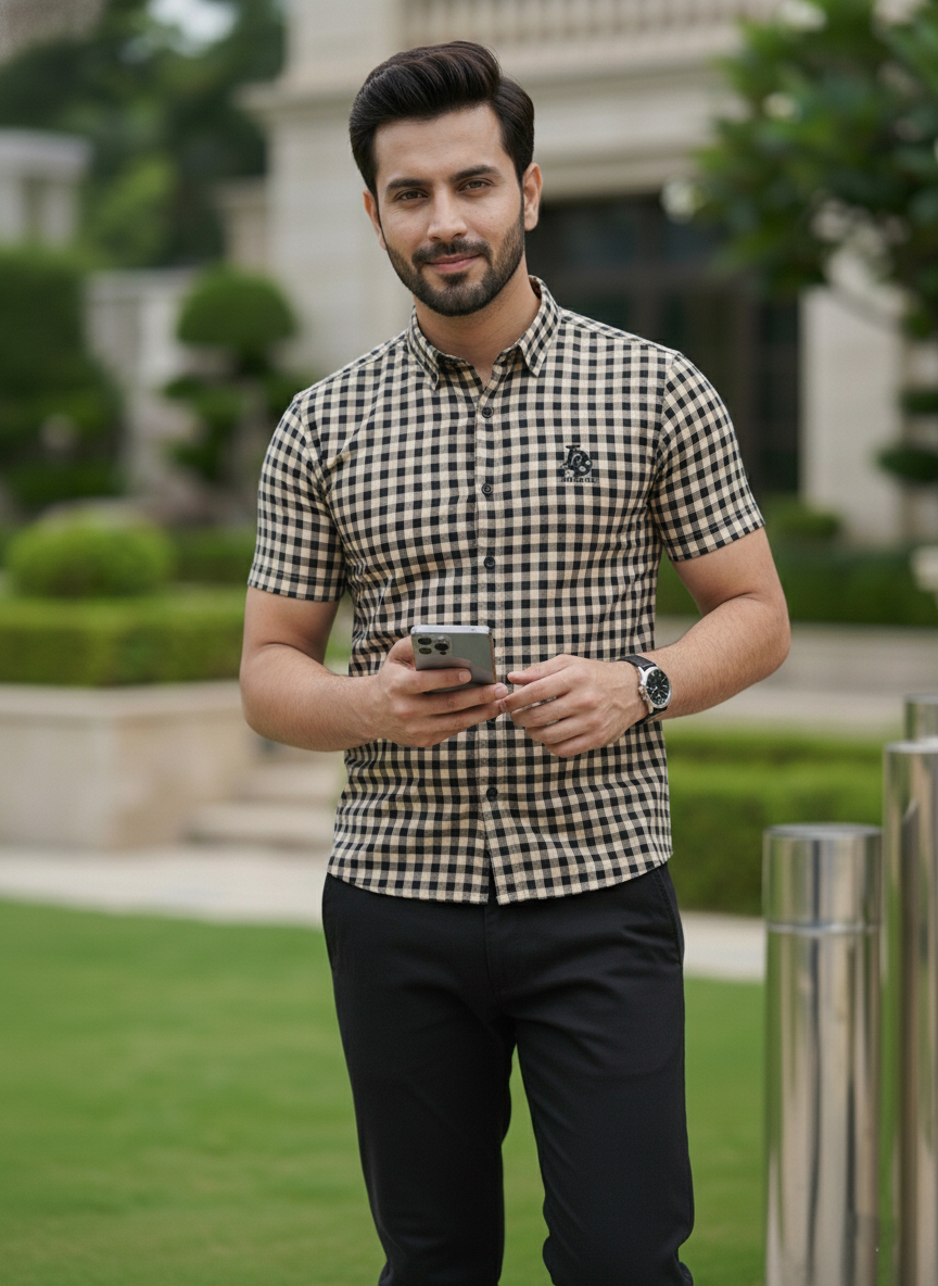 Man wearing a checkered shirt and holding a phone outdoors