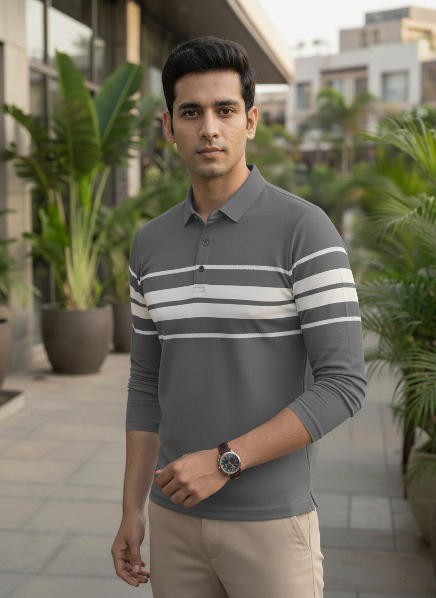Man wearing a gray and white striped polo shirt standing outdoors with plants and buildings in the background