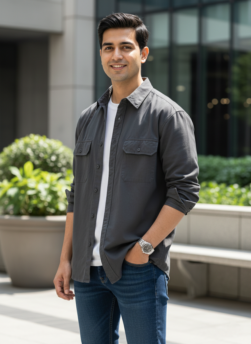 Man wearing a gray shirt and blue jeans standing outdoors with plants and a building in the background
