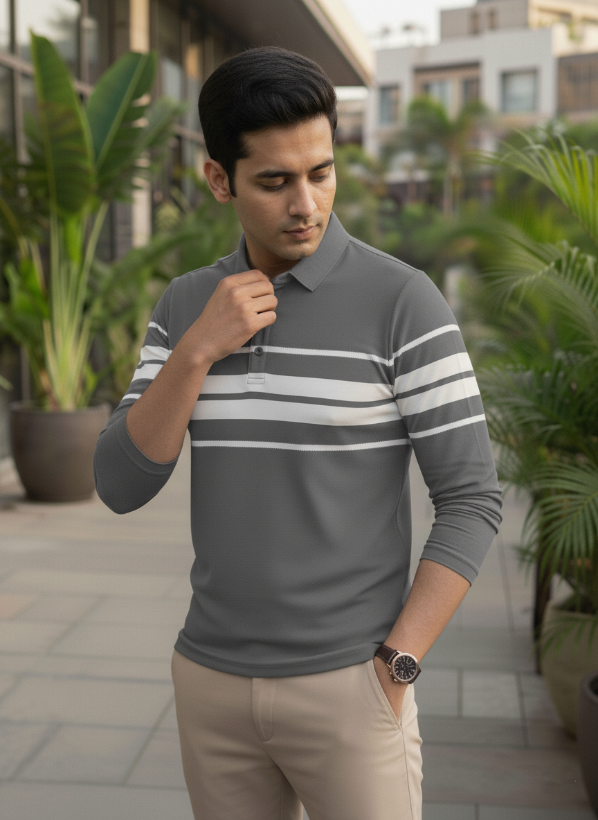 Man wearing a gray striped long-sleeve shirt outdoors with plants and buildings in the background