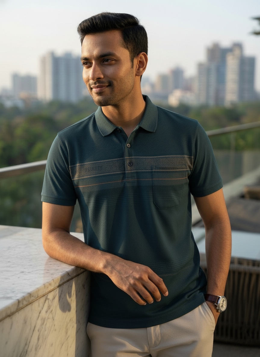 Man wearing a green polo shirt with a cityscape in the background