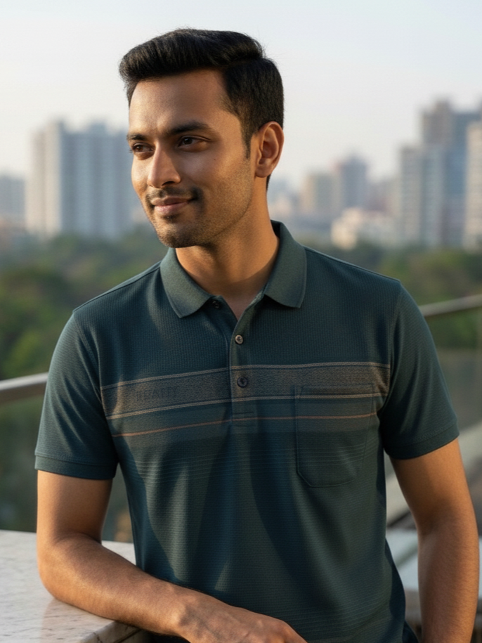 Man wearing a green polo shirt with a cityscape in the background