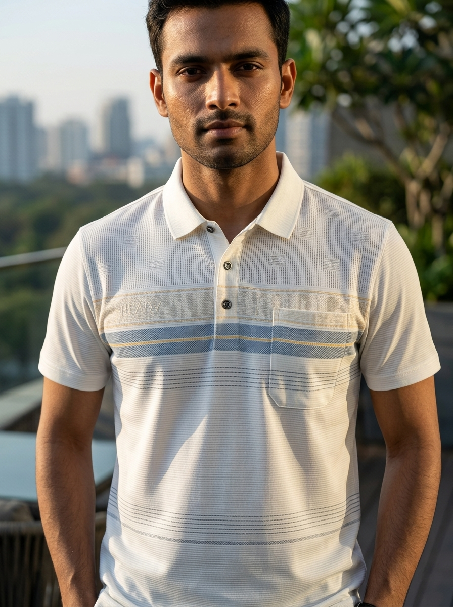 Man wearing a light-colored striped polo shirt with a blurred cityscape in the background