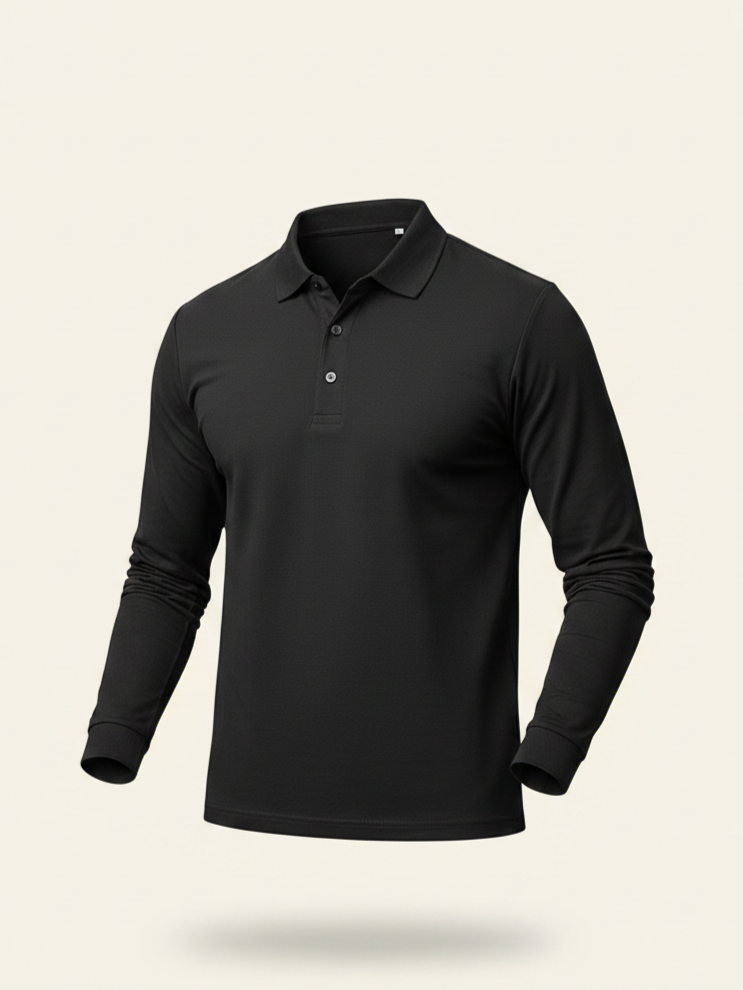 Black long-sleeve polo shirt on a beige background