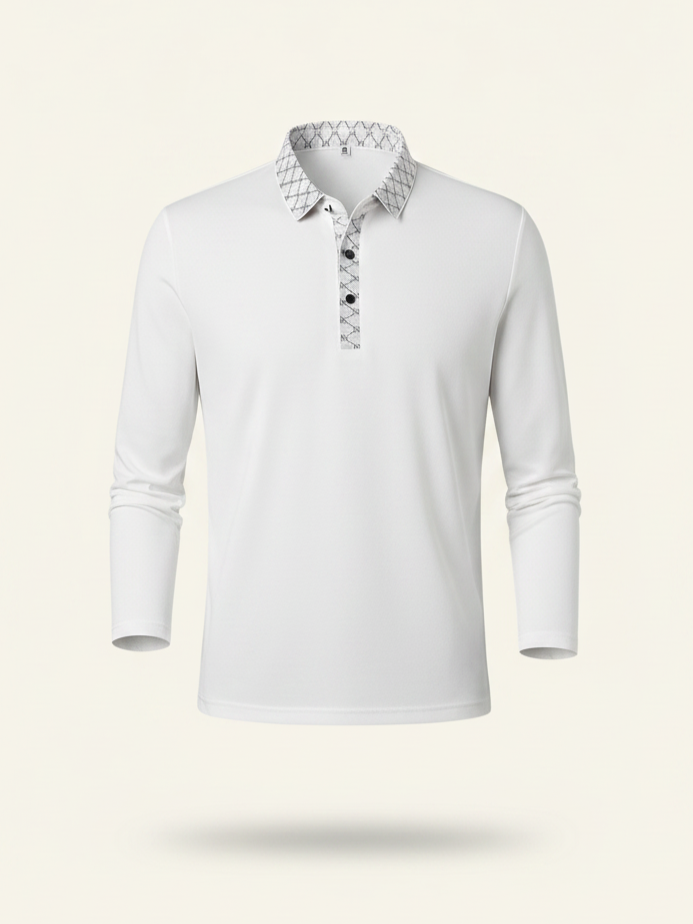 White long-sleeve polo shirt with patterned collar on a light beige background
