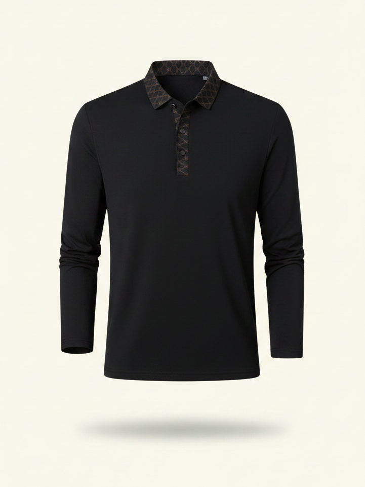 Black long-sleeve shirt with patterned collar on a beige background