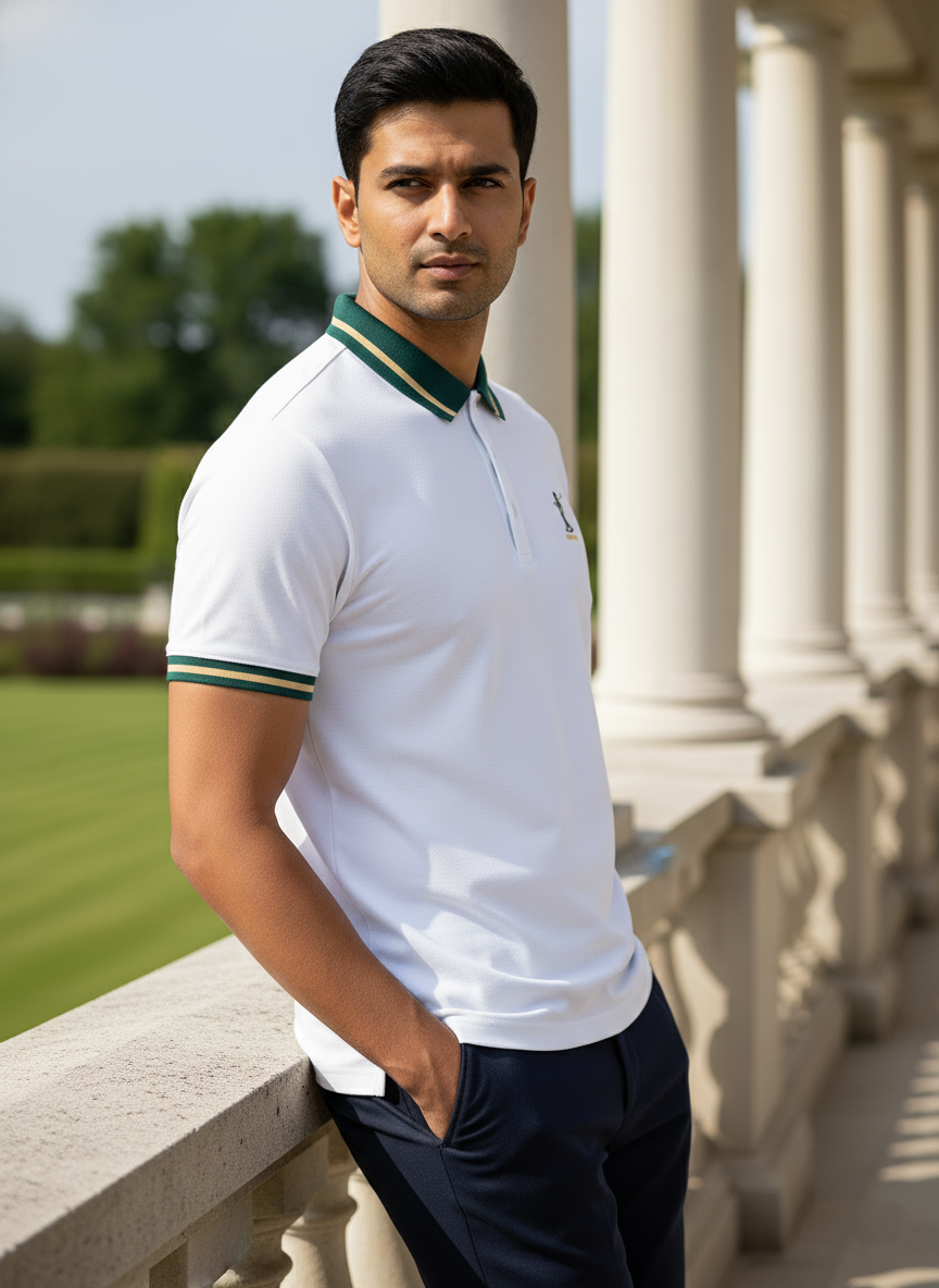 Man wearing a white polo shirt with green accents standing outdoors near classical architecture.