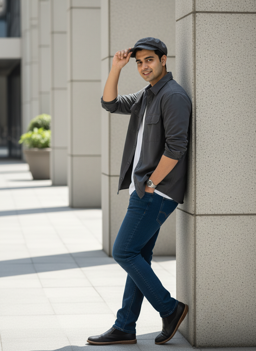 Man leaning against a building wall wearing a cap, dark shirt, jeans, and shoes.