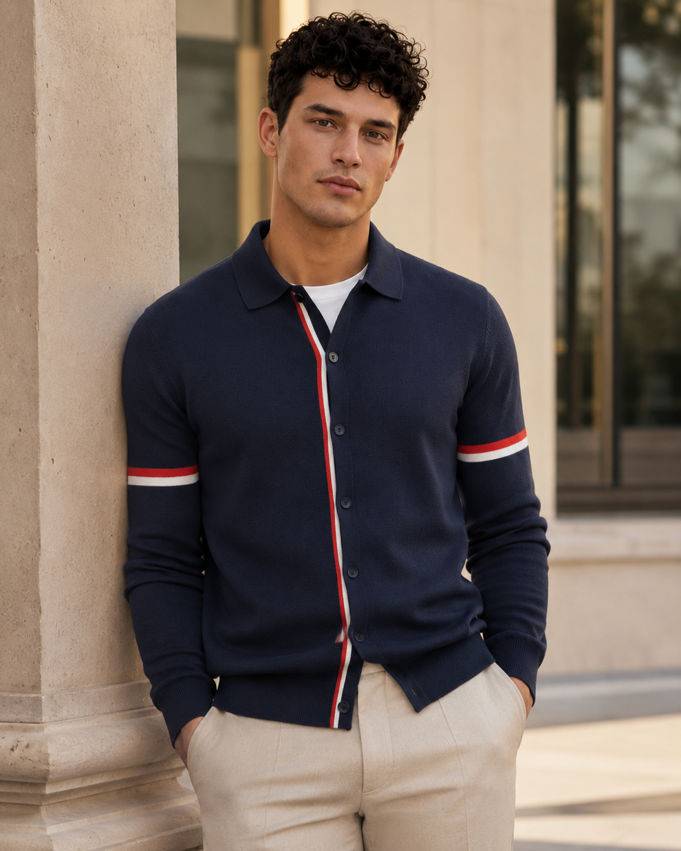 Man wearing a navy cardigan with red and white stripes standing against a stone wall.