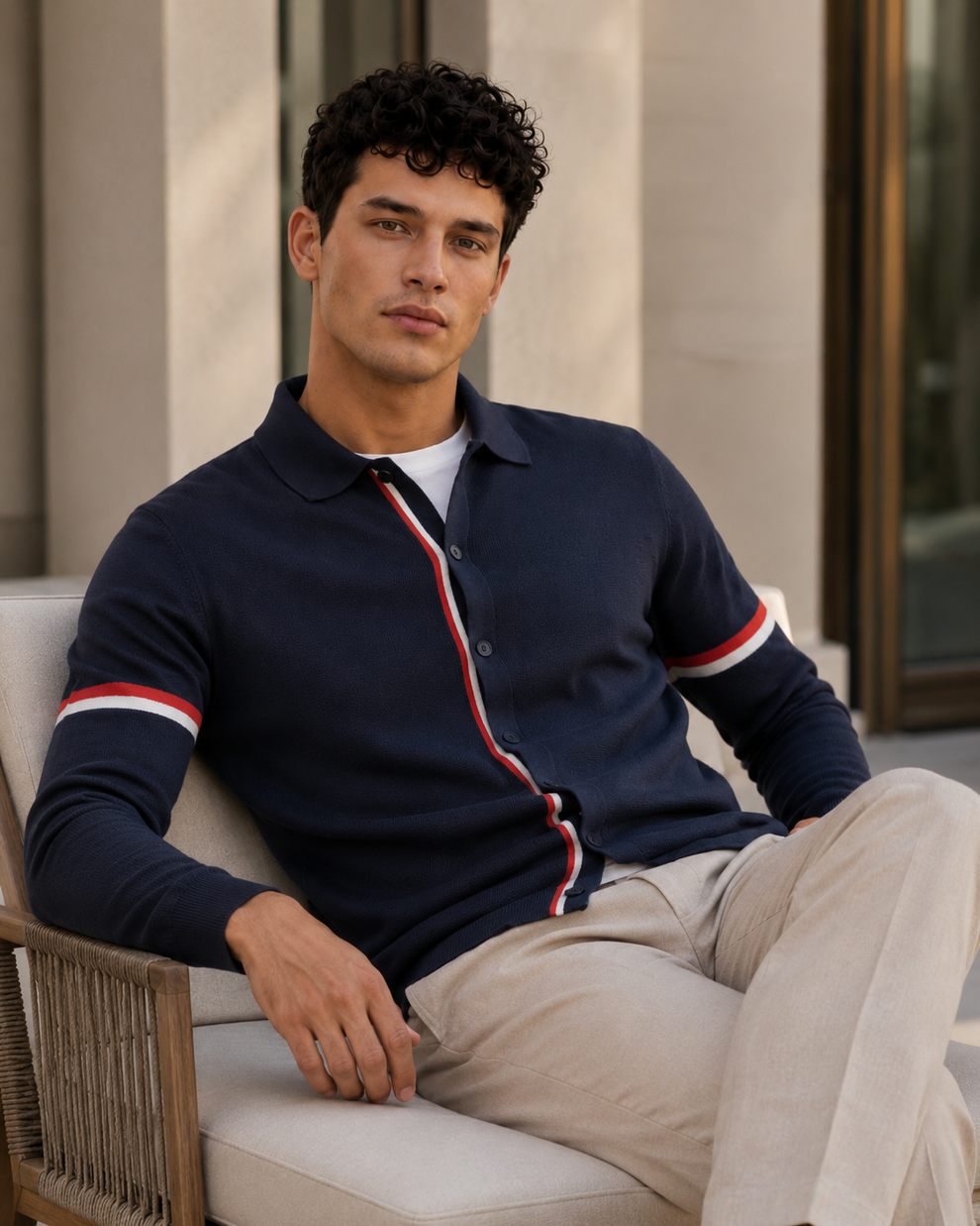 Man wearing a navy shirt with red and white stripes sitting on a chair outdoors.