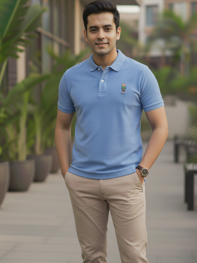 Man wearing a blue polo shirt with a logo, standing outdoors with greenery in the background