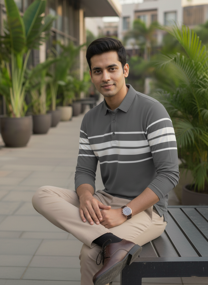 Man sitting outdoors with plants and a building in the background