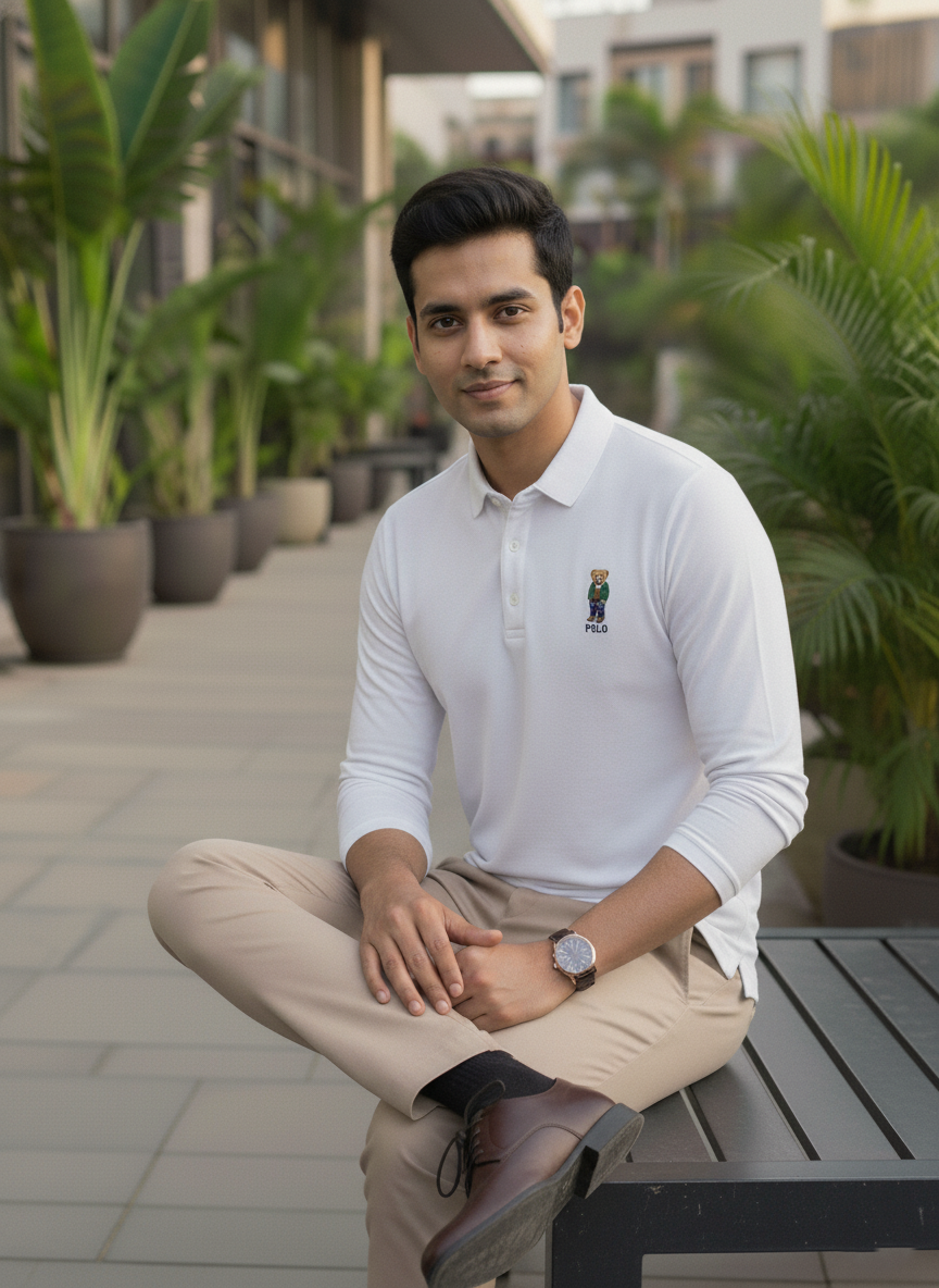 Man sitting on a bench outdoors with plants and buildings in the background