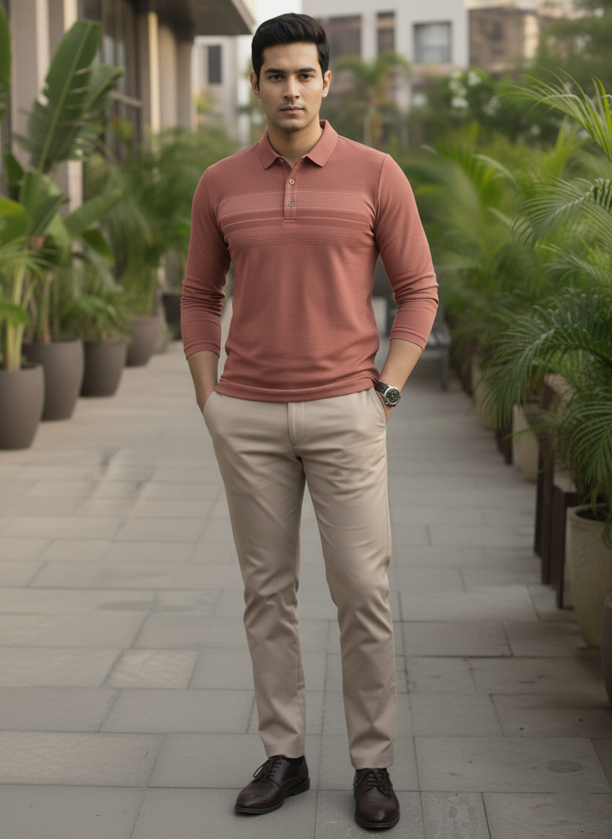 Man wearing a pink long-sleeve shirt and beige pants standing in an outdoor setting with plants.