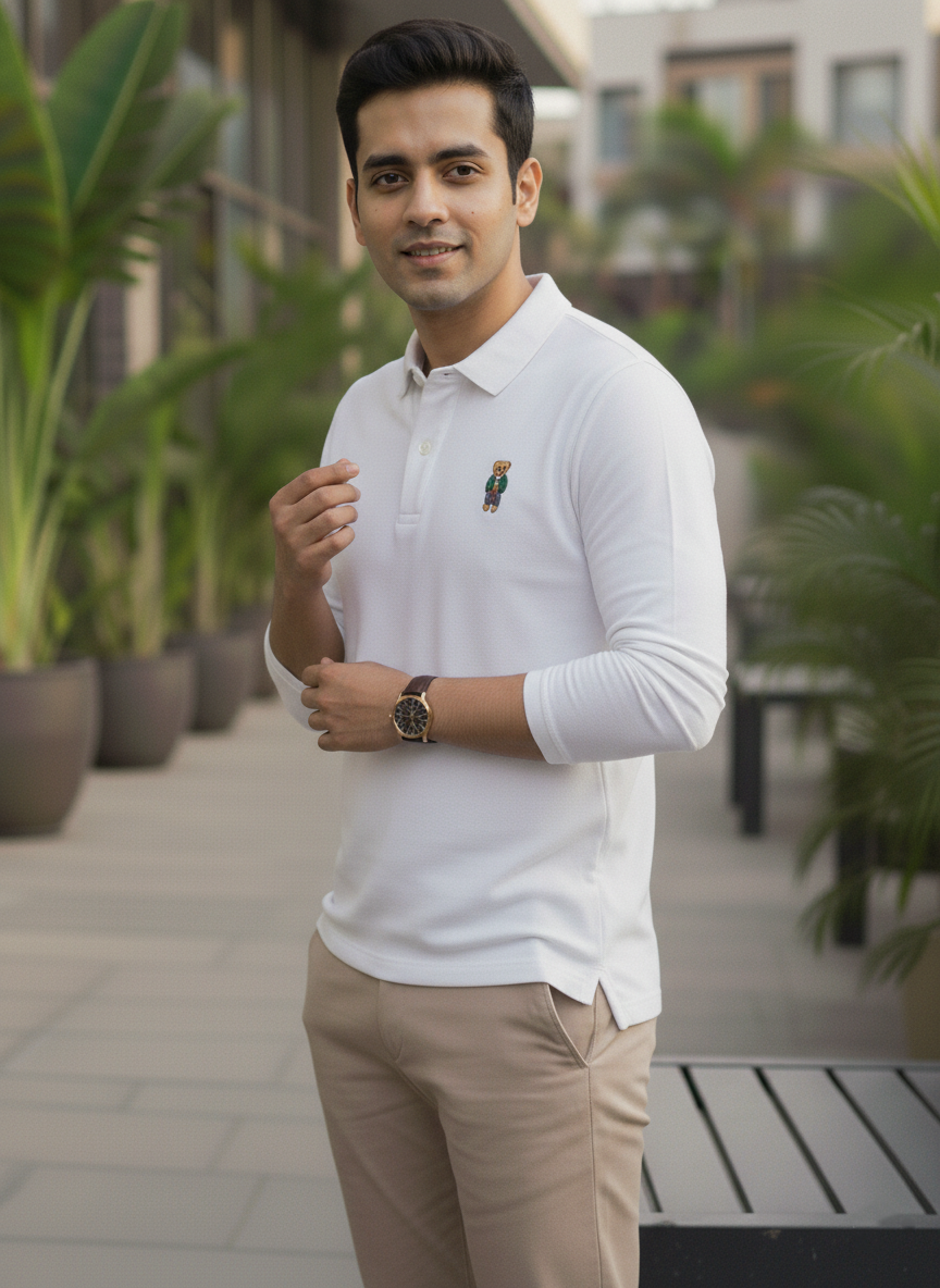 Man wearing a white polo shirt with a logo and beige pants standing outdoors with plants in the background