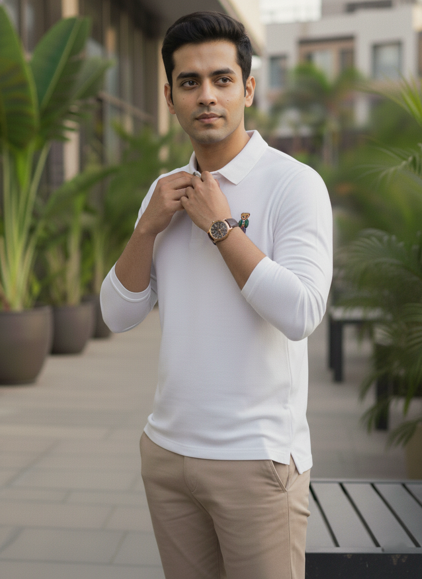 Man wearing a white polo shirt and beige pants standing outdoors with plants in the background