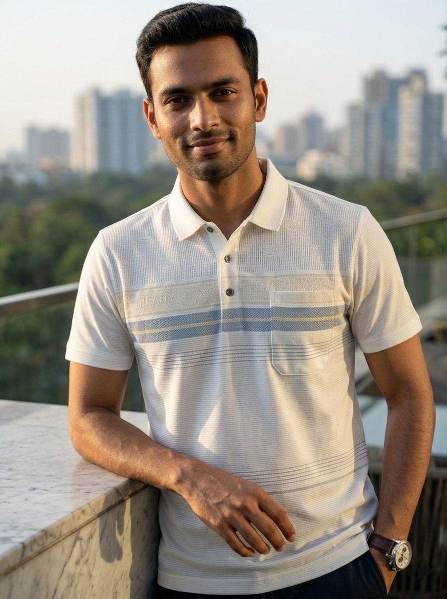 Man wearing a white polo shirt with a cityscape in the background